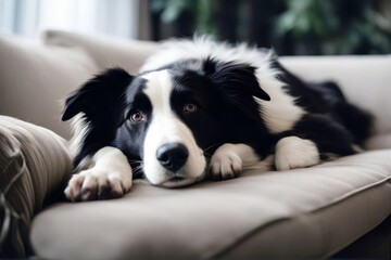 'couch border collie lying dog doggy animal nature pet outdoors portrait red white snout wool hair fur companion canino cute pretty cheerful purebred background ear eye horizontal look head face' - obrazy, fototapety, plakaty