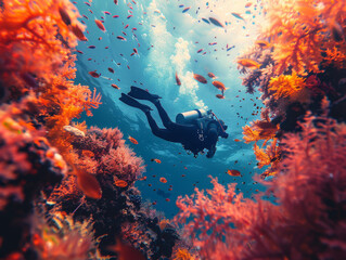 An adventurous scuba diver surrounded by a myriad of red coral and fish in the clear blue underwater world
