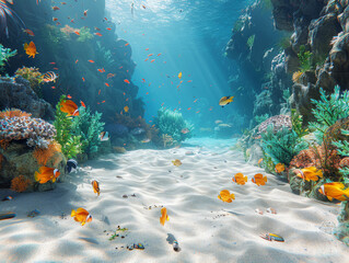A stunning underwater scene of a coral reef bustling with diverse, colorful marine life and sunbeams piercing through
