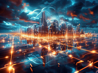 Fototapeta premium A digitally enhanced cityscape showing a futuristic city alive with glowing data streams and digital connections