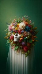 Vibrant Floral Mask on White Sculpture: An Artful Composition of Color and Nature in a Still Life Portrait - obrazy, fototapety, plakaty