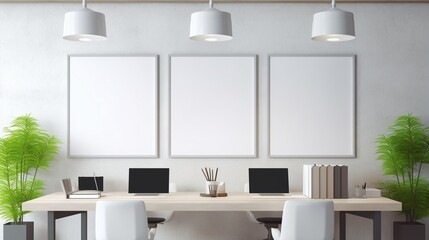  A clean and spacious office area, illuminated by pendant lights, with a white blank frame mockup on the wall, creating a sense of artistic flair