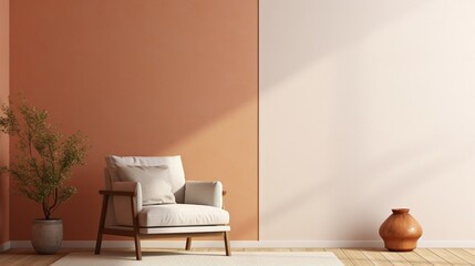 A cozy corner exuding tranquility with a minimalist beige chair and a blank frame against a terracotta-colored backdrop.