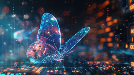 Deep within the neural networks of an artificial intelligence, a holographic butterfly materializes, its presence a whimsical anomaly amidst the sea of binary data. - obrazy, fototapety, plakaty