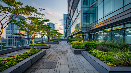 Office rooftop garden with plants and trees backdrop of city skyline. Relaxing outdoor park