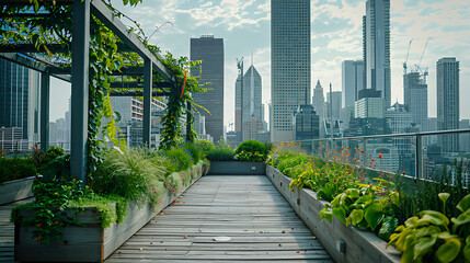 Office rooftop garden with plants and trees backdrop of city skyline. Relaxing outdoor park