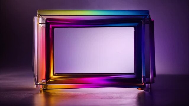Glowing glass, neon, thick horizontal rectangular frame, dark background, light dimming effect.