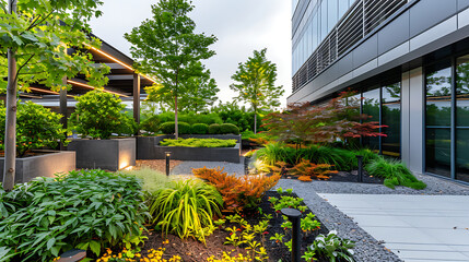 Greenery office rooftop garden with trees and flowers. Serene and cozy environment for employees