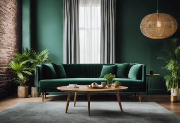 chair dark table room plain living interior green velvet design sofa Modern Gray plants wall