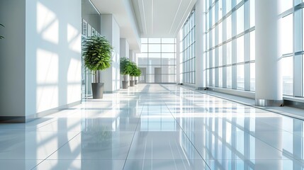 Spacious and bright office hall with reflections and soft tones.