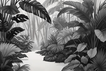 Jungle illustration in grayscale. Painted beautiful tropical forest with exotic plants, palm trees, big leaves and ferns. Thicket of the rainforest. Nature drawing.