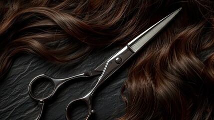 Sharp steel scissors and a swirl of brown hair on a dark surface.
