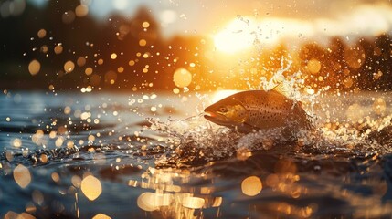 Sunlit water splashing as a large fish leaps in tranquil lake.