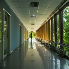 Bright hospital corridor with windows
