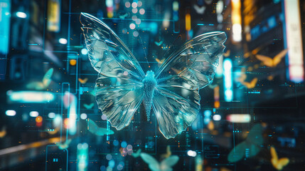 Amidst the glowing screens of a futuristic city, a holographic butterfly appears, its delicate form a reminder of the natural world that once existed beyond the bounds of technology. - obrazy, fototapety, plakaty