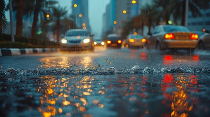City Traffic Navigates Flooded Streets Under Heavy Rain, Night City Street.