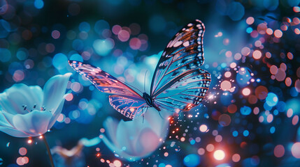 Amidst the flickering lights of a holographic display, a butterfly materializes, its translucent wings shimmering with a hypnotic allure as it explores the virtual realm.