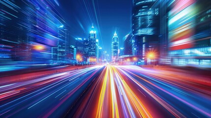 Fototapeta na wymiar High speed road with motion blur light streaks in city. Generate AI image