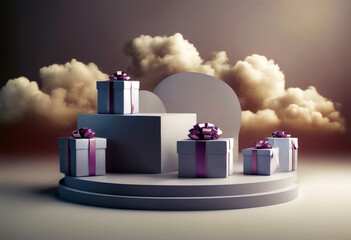 'podium clouds rendering seasonal scene gift 3d Design purple sales boxes illustration poduim box...