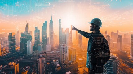 Envision a scene where a male engineer takes a leadership stance, pointing at construction site buildings, juxtaposed with a double exposure of a modern city skyline