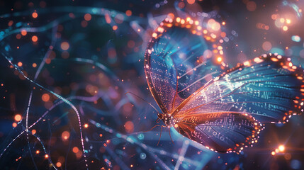Against a backdrop of swirling data visualizations, a holographic butterfly flits, its wings leaving traces of light as it explores the digital landscape of information.