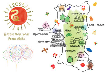 秋田県の観光地のイラストマップ年賀状2025年
