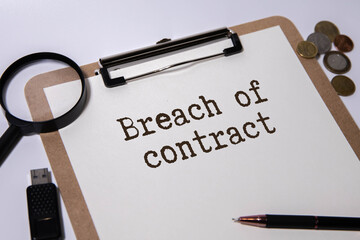 Breach of contract is shown using a text and photo of court gavel