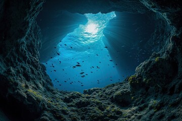 Thecave in deep sea underwater fish outdoors. - obrazy, fototapety, plakaty