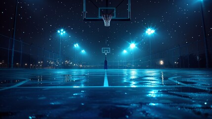 Wet basketball court with street lights on a rainy night.