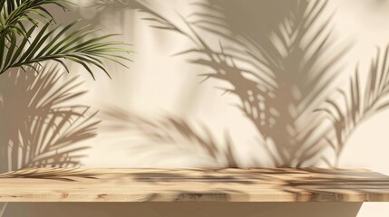 Light beige background with wooden table and plant shadow. Generate AI image