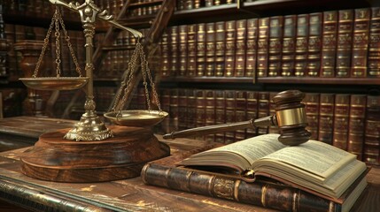 Envision a scene where the balance of law is established with the prominent display of golden scales, a gavel, and law books