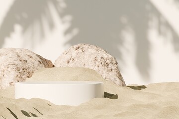 3d Abstract background for product branding and presentation. Minimal Product Podium Mock up scene with empty space minimal style with sand on ground and isolated wall for advertising. 3d render.