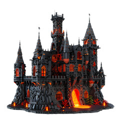 a black dragon castle horor with black bricks and lava red , isolated white background