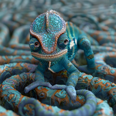 A 3D animated cartoon render of a wise chameleon leading lost hikers out of a maze.