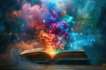 Open book with colorful magical smoke coming out in inside. Generate AI image