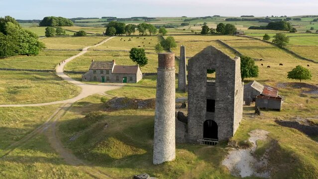 Magpie Mine disused industrial lead mine near Ashford, Derbyshire, UK. Closed 1958 after 200 years use. Video fly out looking south