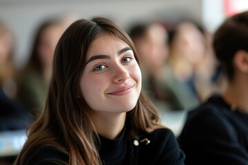 Obraz premium Portrait of beautiful smiling female student sitting in the class. Generate AI image
