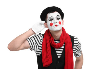 Mime artist showing hand to ear gesture on white background