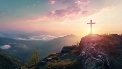 Cross on the top of mountain with beautiful sunrise. Generate AI image