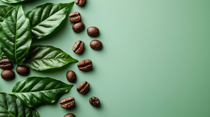 AI generated illustration of a coffee beans and coffee leafs - obrazy, fototapety, plakaty