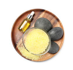 Yellow sea salt in bowl, spa stones and cosmetic product isolated on white, top view