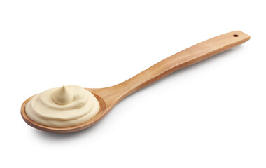 Natural yogurt in wooden spoon isolated on white