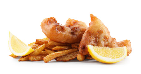 Tasty fish and chips with lemon isolated on white - Powered by Adobe