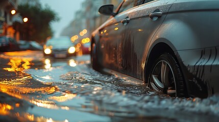 Flooded City Streets at Night: Cars Battle Through Heavy Rain