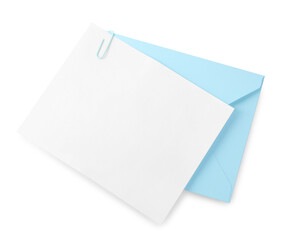 Blank card and letter envelope isolated on white, top view