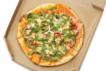 Delicious vegetarian pizza in cardboard box isolated on white, top view
