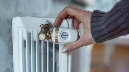 A Detailed Look at a Person's Hand Skillfully Adjusting a Radiator's Thermostat