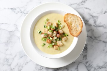 Tasty potato soup with croutons and green onion in bowl on white marble table, top view