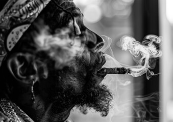 A serene man with dreadlocks exhales smoke, surrounded by vibrant street art, embodying a bohemian...