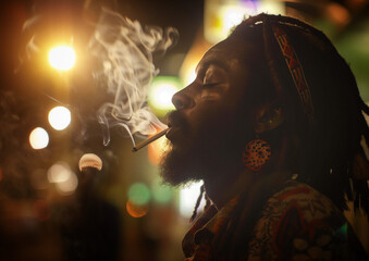 A serene man with dreadlocks exhales smoke, surrounded by vibrant street art, embodying a bohemian...